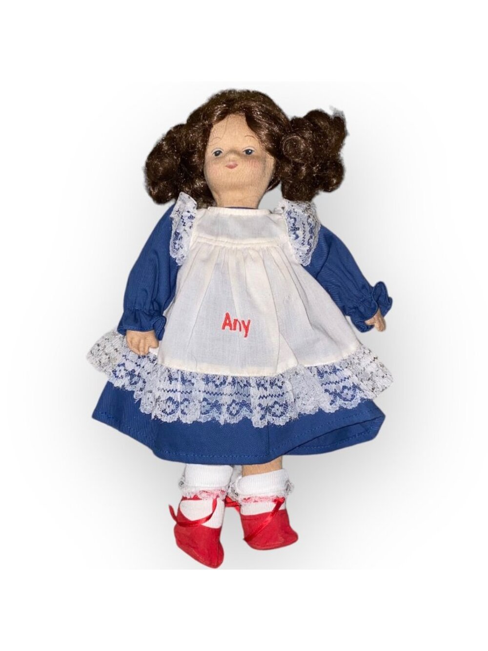 AMY Vintage Lillian Vernon Sock Doll 14" Cloth Rag Stockinette Blue Dress